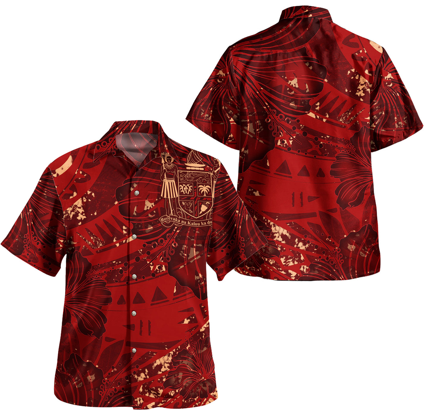 Fiji Combo Off Shoulder Long Dress And Shirt Hibiscus With Polynesian Pattern Red Version