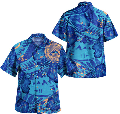 American Samoa Combo Off Shoulder Long Dress And Shirt Hibiscus With Polynesian Pattern Blue Version