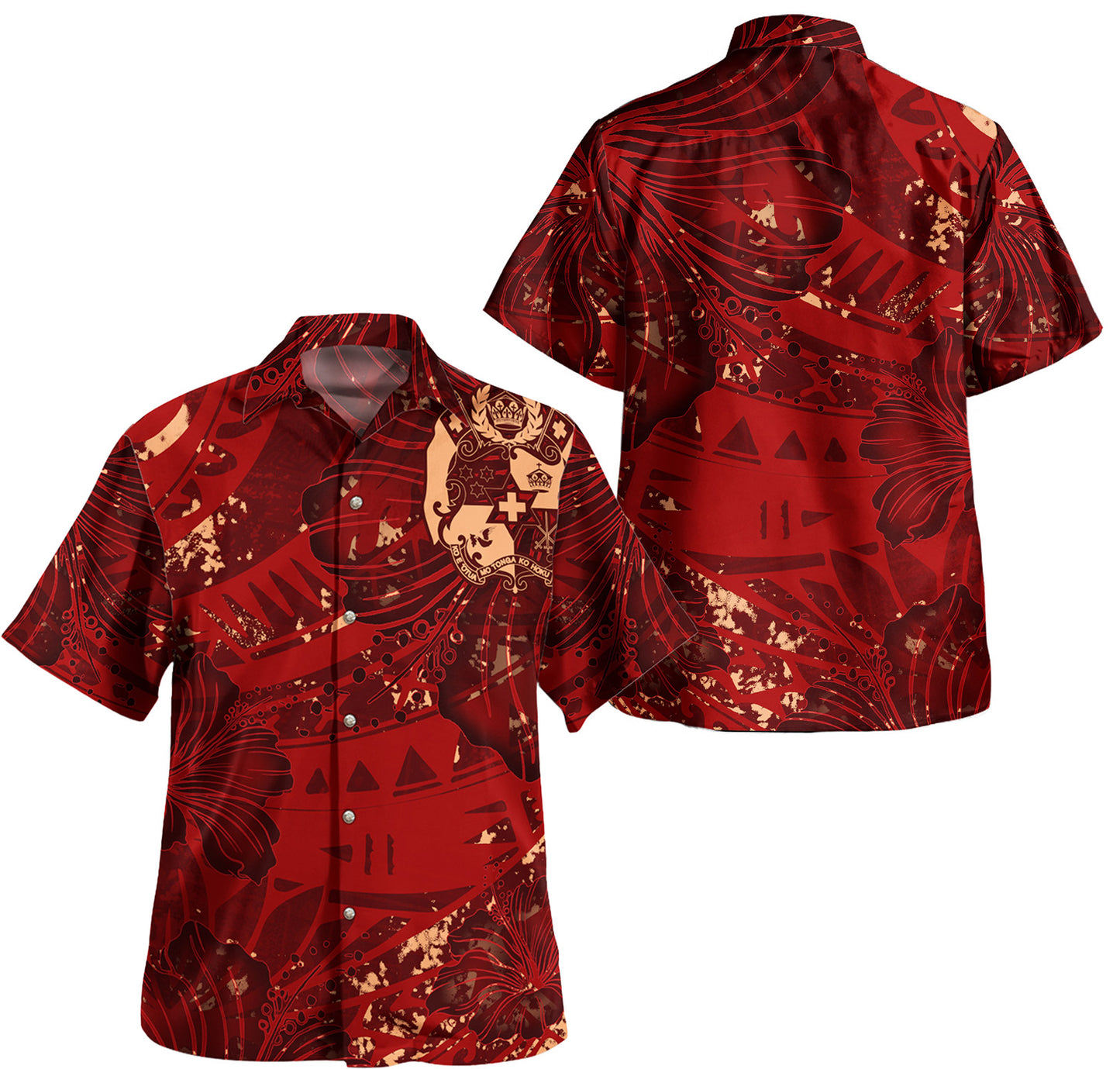 Tonga Combo Off Shoulder Long Dress And Shirt Hibiscus With Polynesian Pattern Red Version