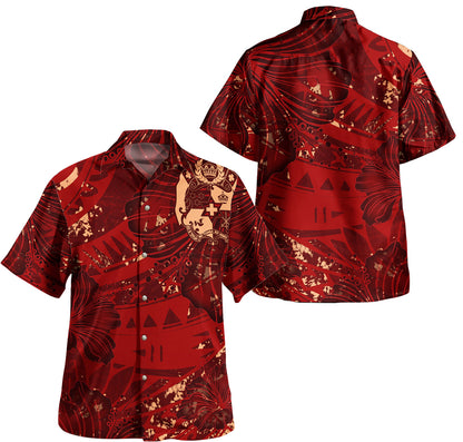 Tonga Combo Short Sleeve Dress And Shirt Hibiscus With Polynesian Pattern Red Version