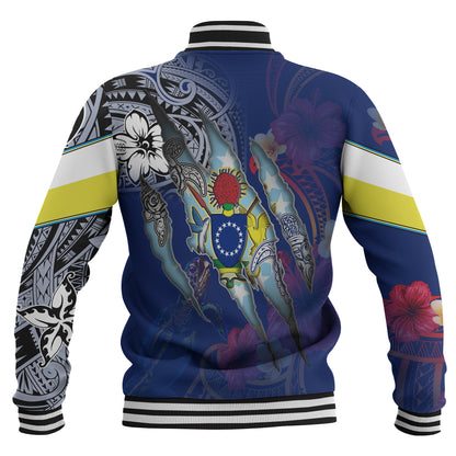 Cook Islands Baseball Jacket Custom Cook Islander Blood Inside Me Polynesian Sleeve Tattoo Tropical Blue