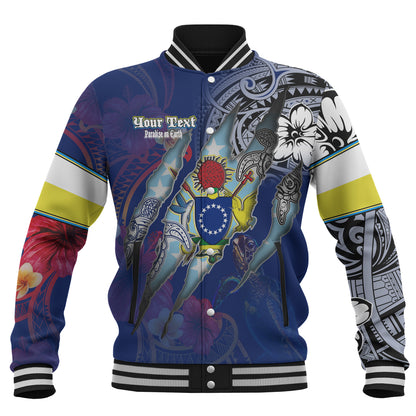 Cook Islands Baseball Jacket Custom Cook Islander Blood Inside Me Polynesian Sleeve Tattoo Tropical Blue