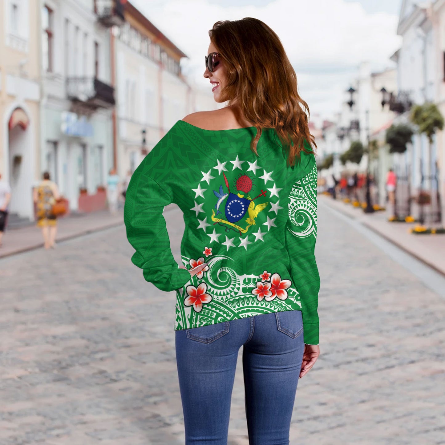 Cook Islands Off Shoulder Sweatshirt Plumeria Flowers Tribal Motif Design