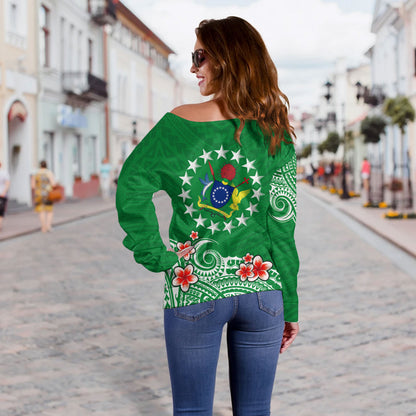 Cook Islands Off Shoulder Sweatshirt Plumeria Flowers Tribal Motif Design