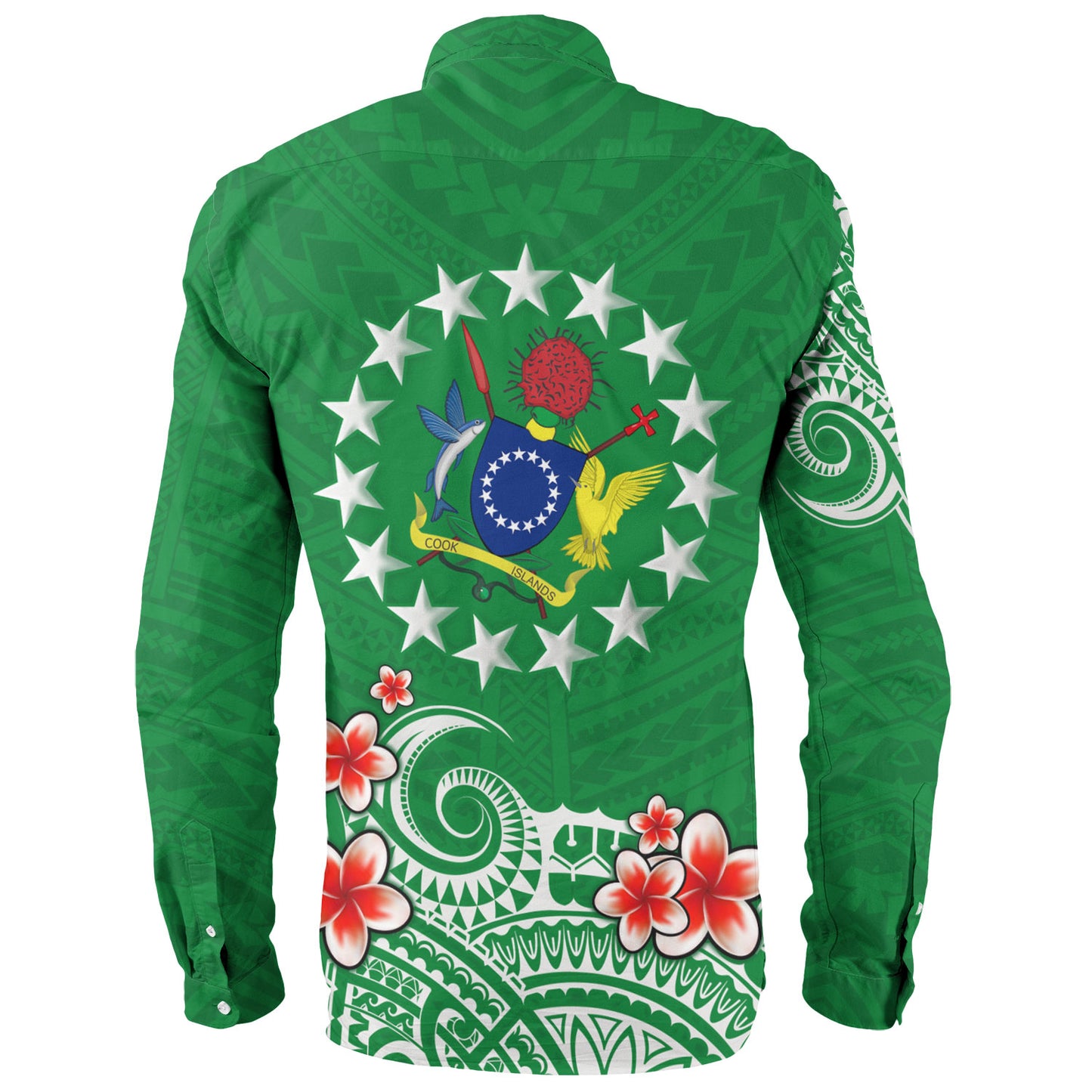 Cook Islands Long Sleeve Shirt Plumeria Flowers Tribal Motif Design