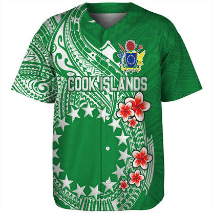 Cook Islands Baseball Shirt Plumeria Flowers Tribal Motif Design