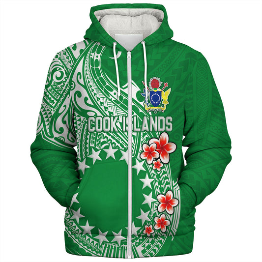 Cook Islands Sherpa Hoodie Plumeria Flowers Tribal Motif Design