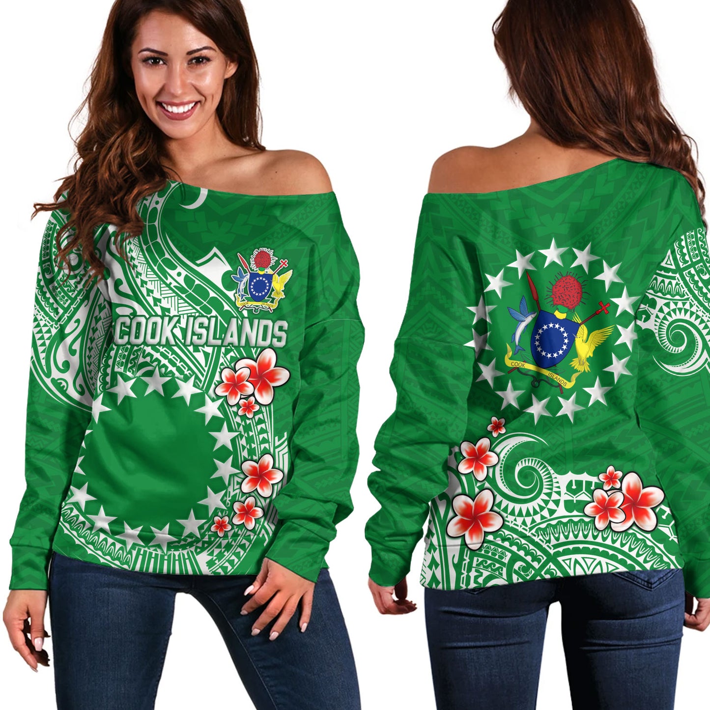Cook Islands Off Shoulder Sweatshirt Plumeria Flowers Tribal Motif Design