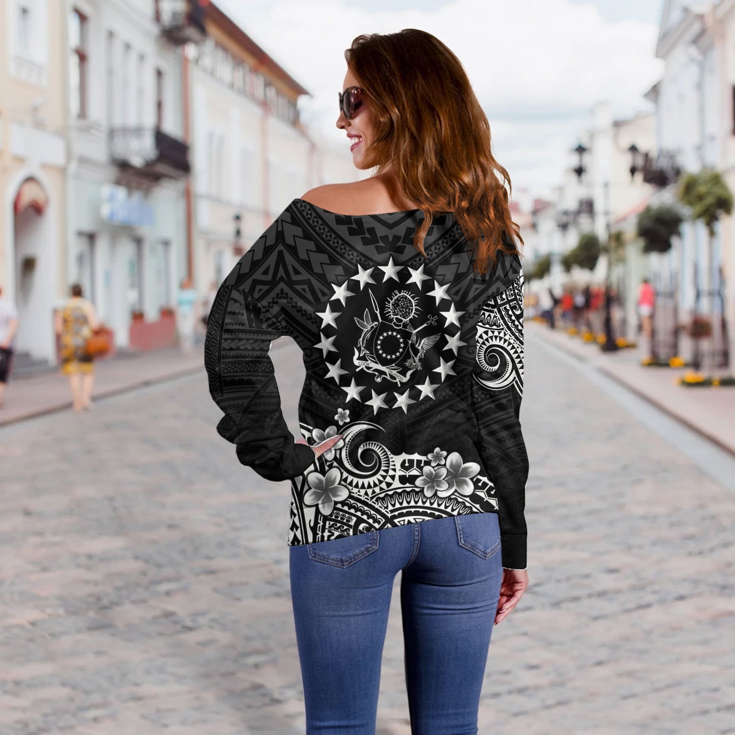 Cook Islands Off Shoulder Sweatshirt Plumeria Flowers Tribal Motif Design
