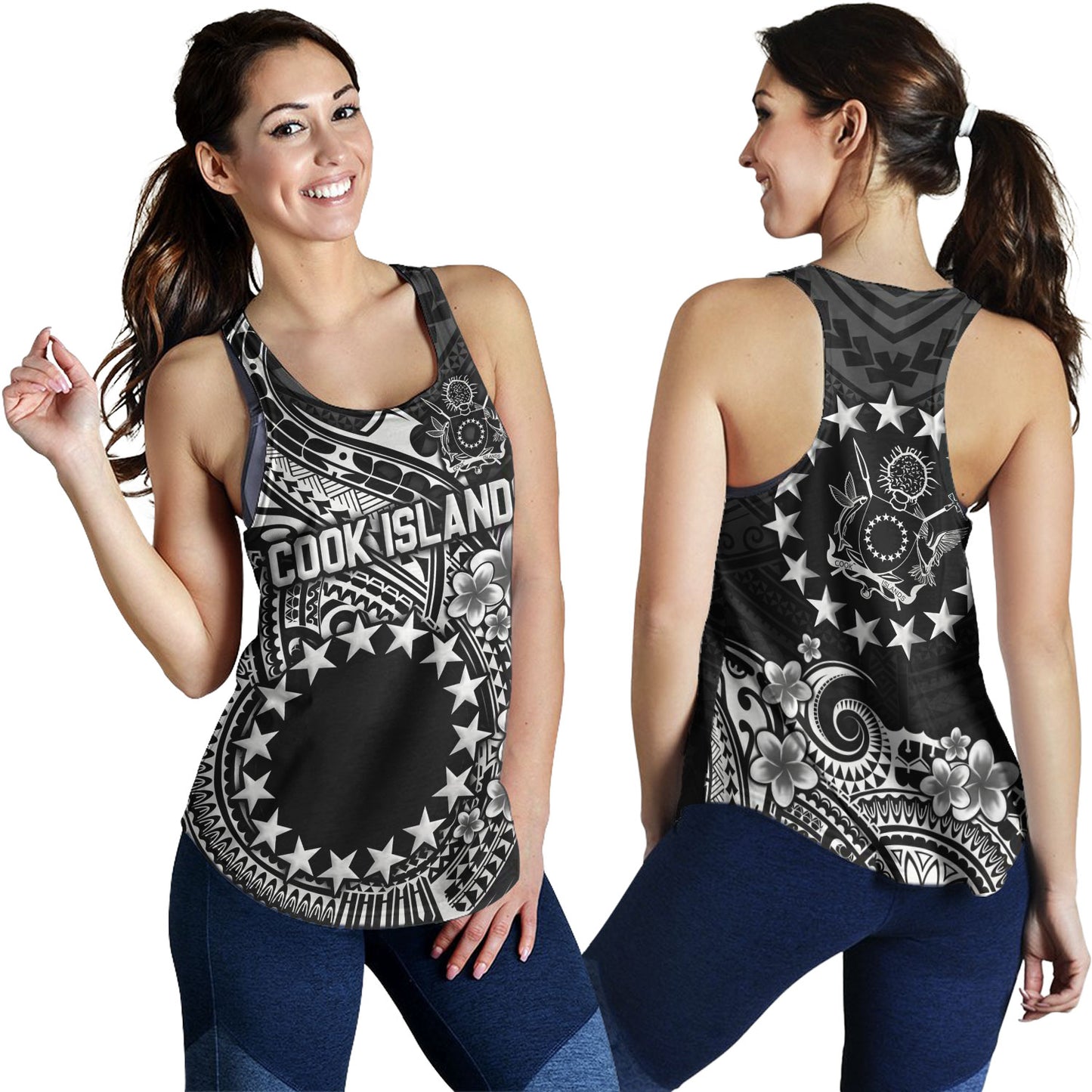 Cook Islands Women Tank Plumeria Flowers Tribal Motif Design