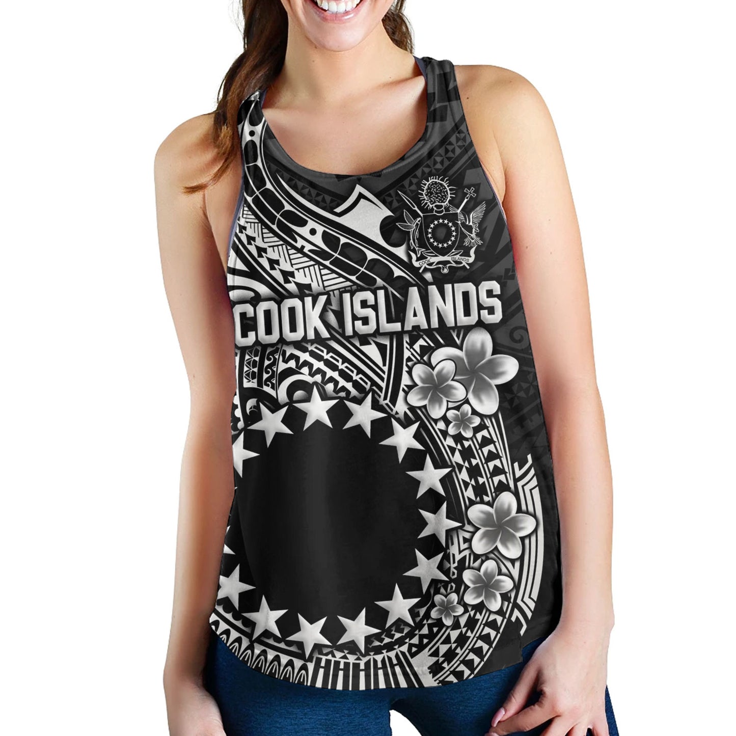 Cook Islands Women Tank Plumeria Flowers Tribal Motif Design