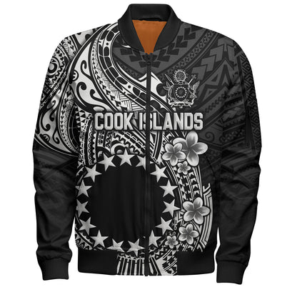 Cook Islands Bomber Jacket Plumeria Flowers Tribal Motif Design