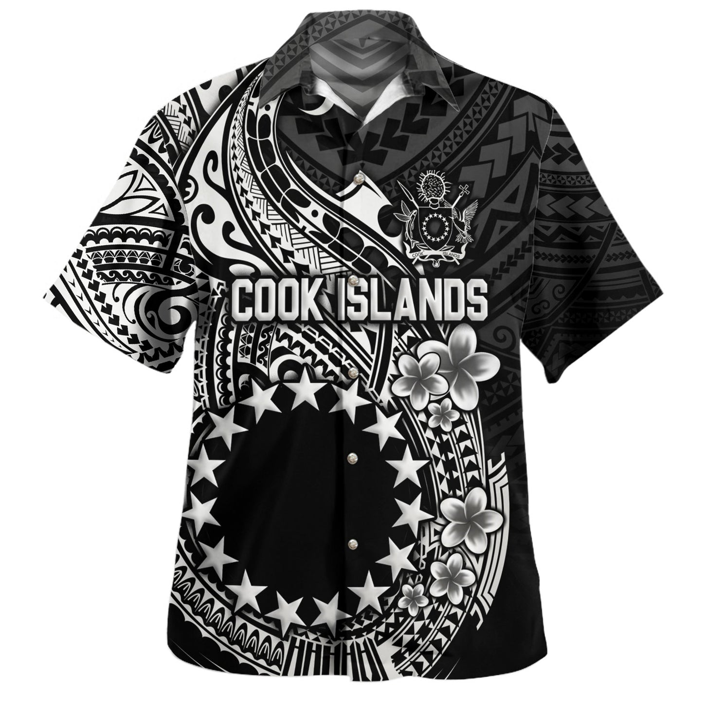 Cook Islands Hawaiian Shirt Plumeria Flowers Tribal Motif Design