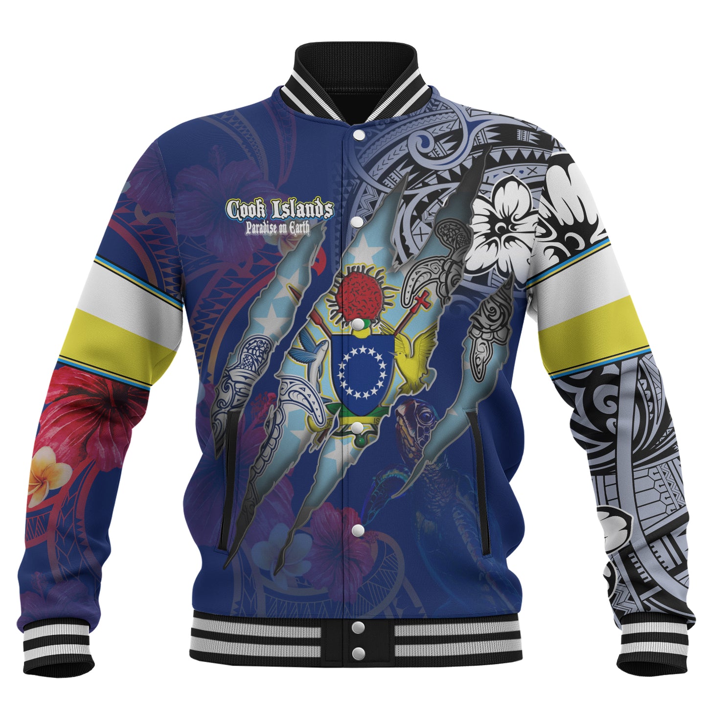 Cook Islands Baseball Jacket Custom Cook Islander Blood Inside Me Polynesian Sleeve Tattoo Tropical Blue