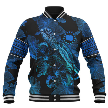 Cook Islands Baseball Jacket Sea Turtle With Blooming Hibiscus Flowers Tribal Blue