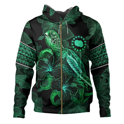 Cook Islands Hoodie  Sea Turtle With Blooming Hibiscus Flowers Tribal Green