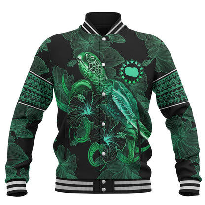 Cook Islands Baseball Jacket  Sea Turtle With Blooming Hibiscus Flowers Tribal Green