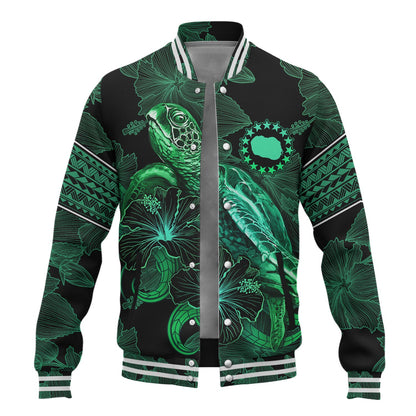 Cook Islands Baseball Jacket  Sea Turtle With Blooming Hibiscus Flowers Tribal Green