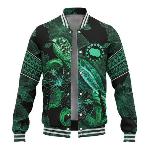 Cook Islands Baseball Jacket  Sea Turtle With Blooming Hibiscus Flowers Tribal Green