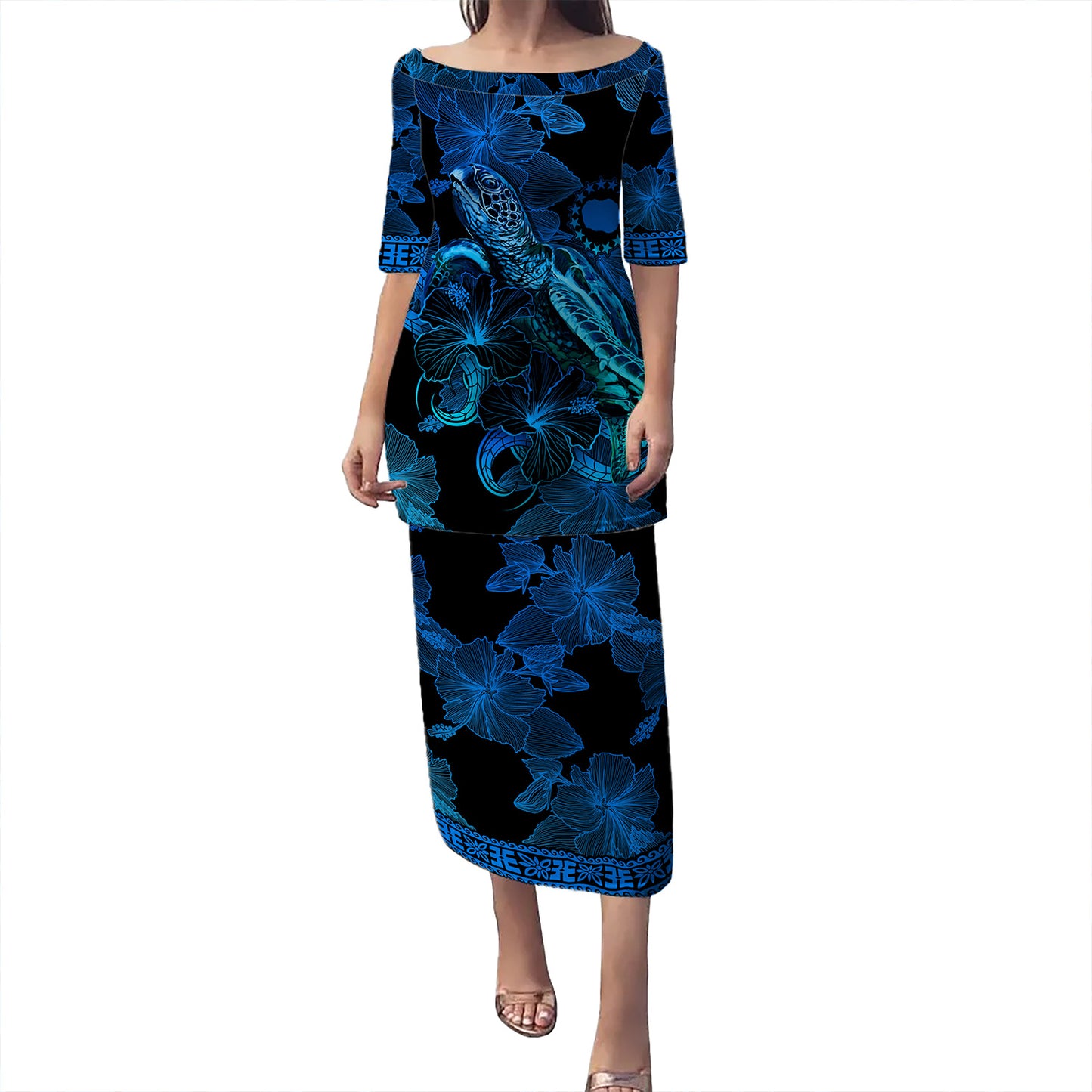 Cook Islands Combo Puletasi And Shirt Sea Turtle With Blooming Hibiscus Flowers Tribal Blue