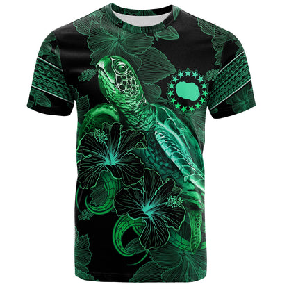 Cook Islands T-Shirt  Sea Turtle With Blooming Hibiscus Flowers Tribal Green