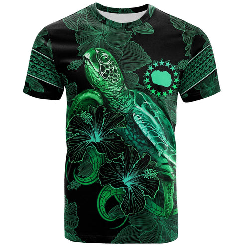 Cook Islands T-Shirt  Sea Turtle With Blooming Hibiscus Flowers Tribal Green