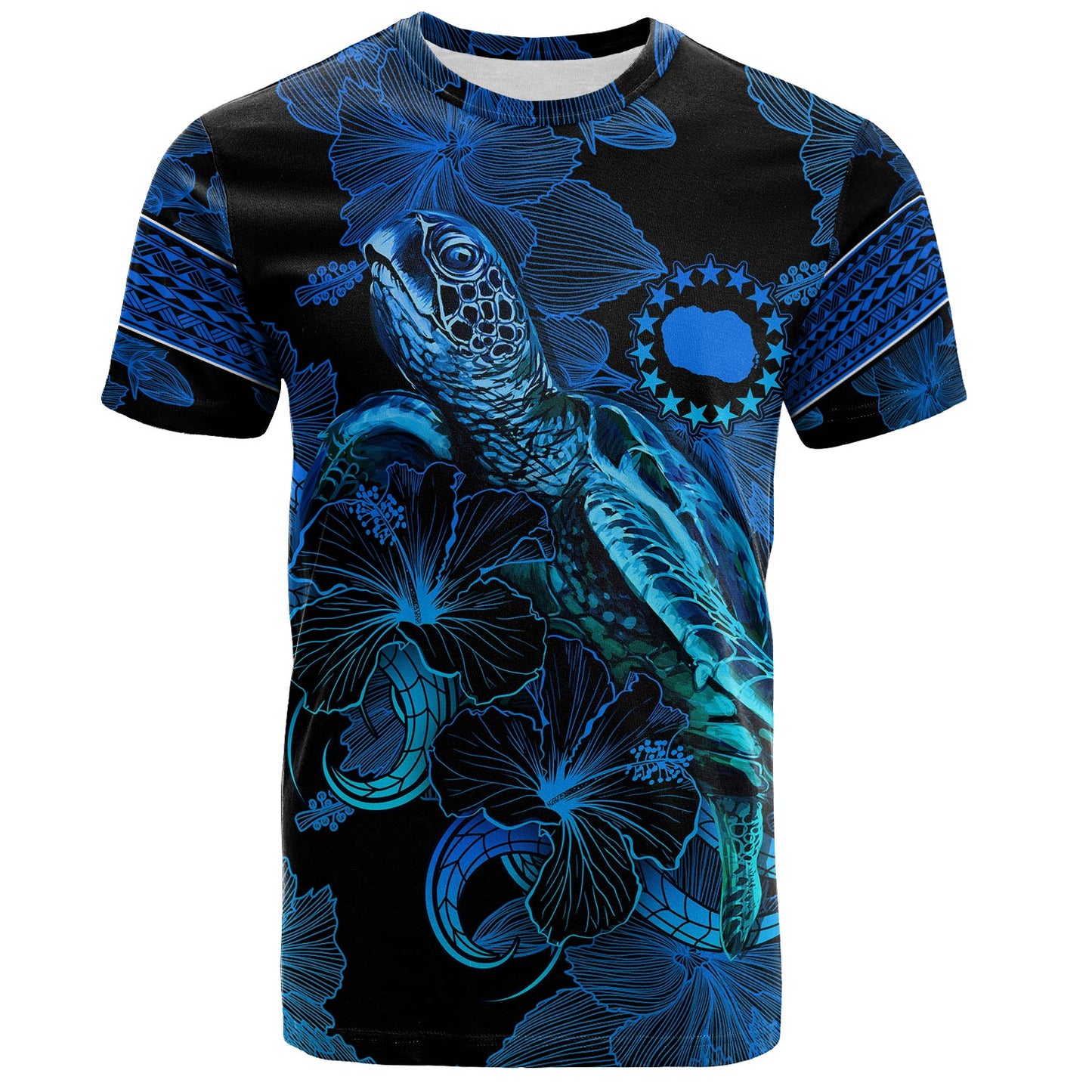 Cook Islands T-Shirt Sea Turtle With Blooming Hibiscus Flowers Tribal Blue