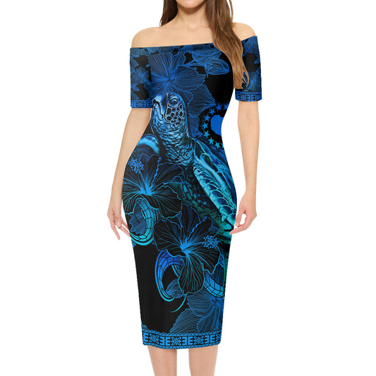 Cook Islands Short Sleeve Off The Shoulder Lady Dress Sea Turtle With Blooming Hibiscus Flowers Tribal Blue