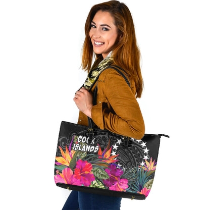 Cook Islands Custom Personalised Leather Tote Polynesian Hibiscus Pattern