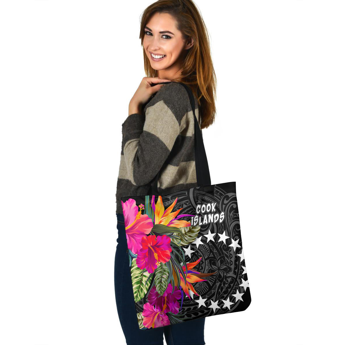 Cook Islands Custom Personalised Tote Bag Polynesian Hibiscus Pattern