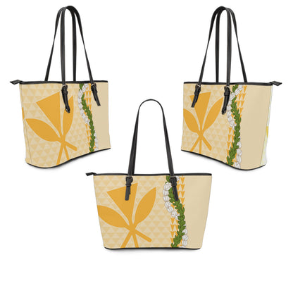 Hawaii Leather Tote Bag Kanaka Maoli Puakenikeni Maile Flower Lei