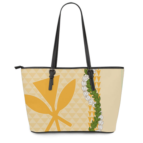Hawaii Leather Tote Bag Kanaka Maoli Puakenikeni Maile Flower Lei
