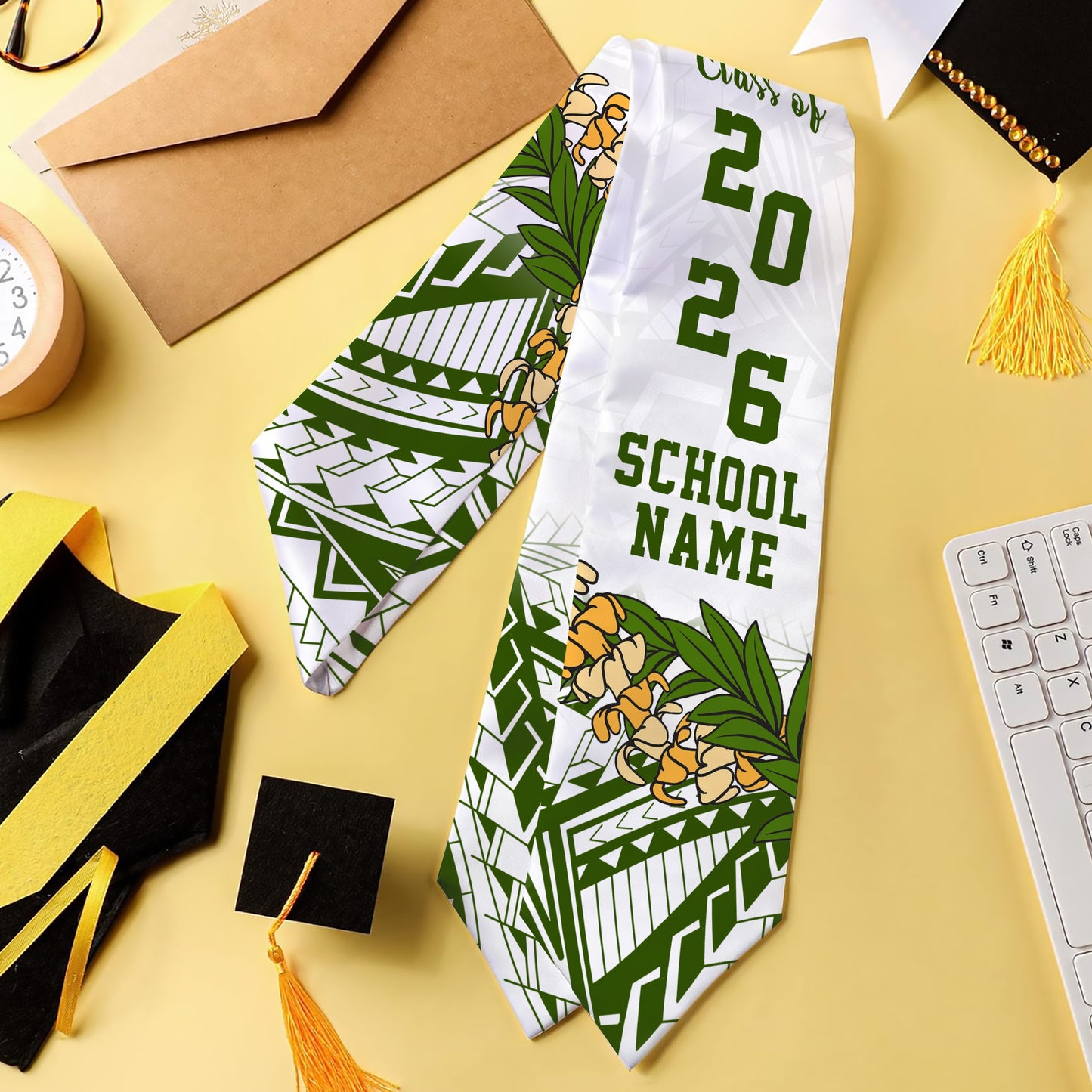 Hawaii Graduation Stole Custom Polynesian Lei Green Tribal Style