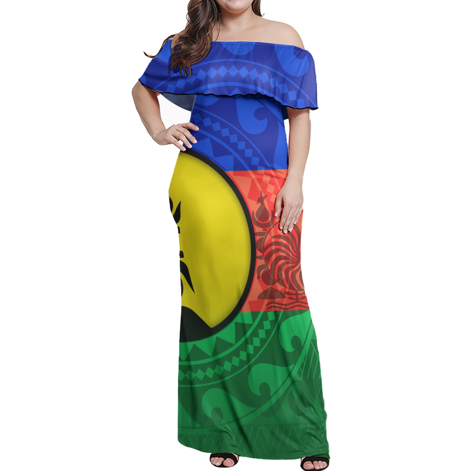 New Caledonia Flag Color With Traditional Patterns Women Off Shoulder Long Dress