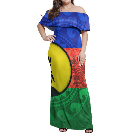 New Caledonia Flag Color With Traditional Patterns Women Off Shoulder Long Dress