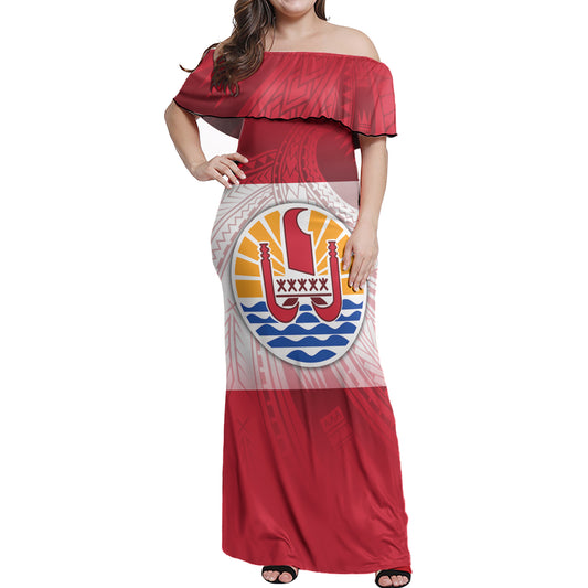 Tahiti Flag Color With Traditional Patterns Women Off Shoulder Long Dress