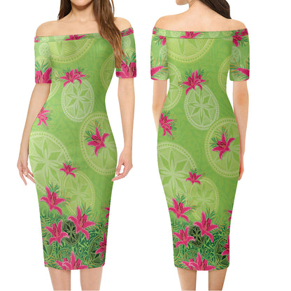 Hawaii Combo Short Sleeve Dress And Shirt Lilies With Polynesian Pattern