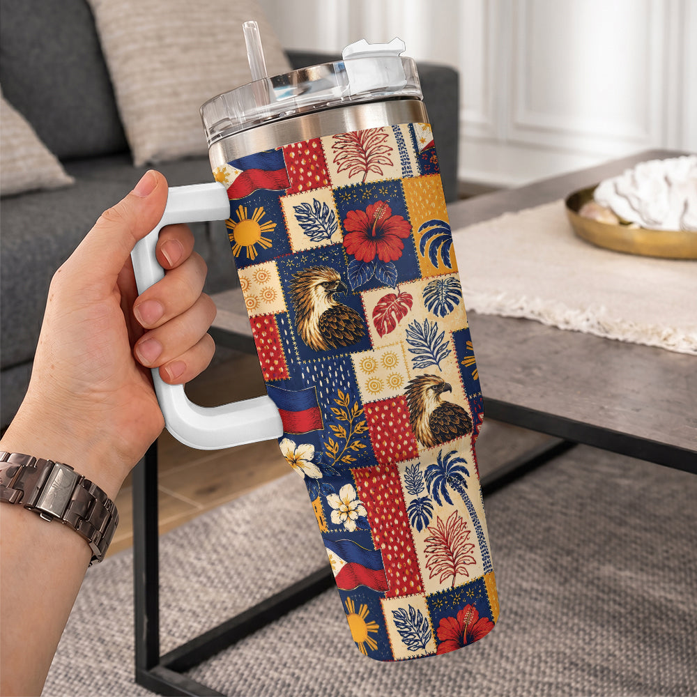 Philippines Filipinos 40oz Tumbler Eagle Sun Flag Tropical Floral Patchwork Style