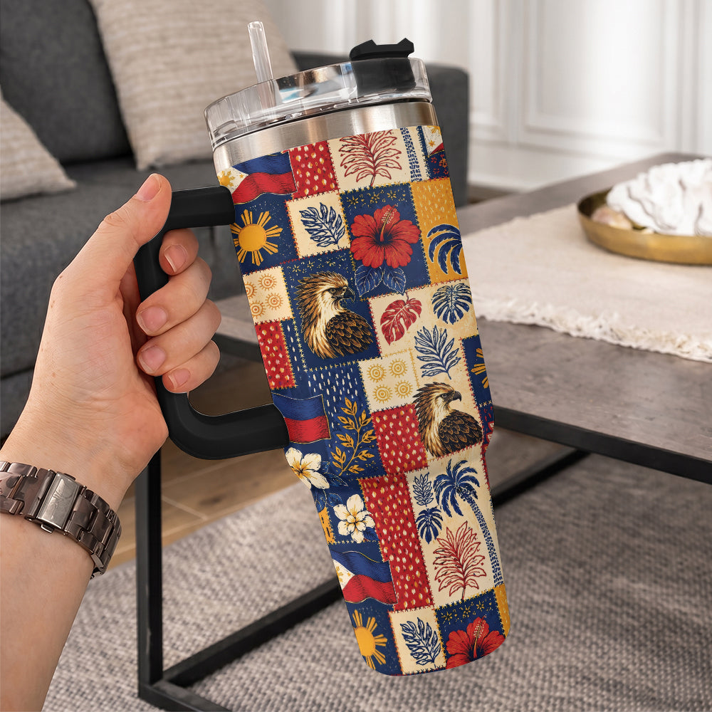Philippines Filipinos 40oz Tumbler Eagle Sun Flag Tropical Floral Patchwork Style