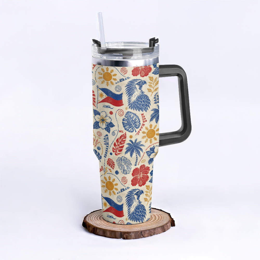 Philippines Filipinos 40oz Tumbler Eagle Sun Flag Tropical Floral Vintage Stamp Style