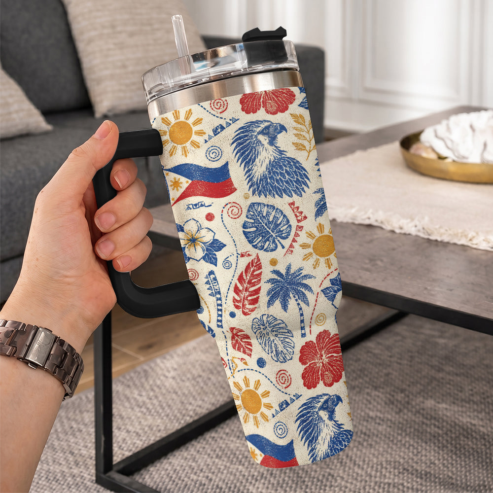 Philippines Filipinos 40oz Tumbler Eagle Sun Flag Tropical Floral Vintage Stamp Style