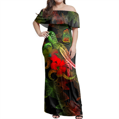 New Caledonia Woman Off Shoulder Long Dress - Sea Turtle With Blooming Hibiscus Flowers Reggae