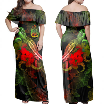 New Caledonia Woman Off Shoulder Long Dress - Sea Turtle With Blooming Hibiscus Flowers Reggae