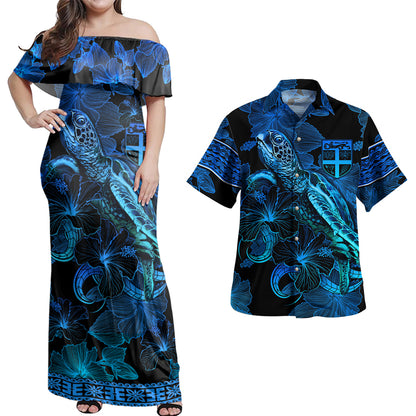 Fiji Combo Off Shoulder Long Dress And Shirt Sea Turtle With Blooming Hibiscus Flowers Tribal Blue
