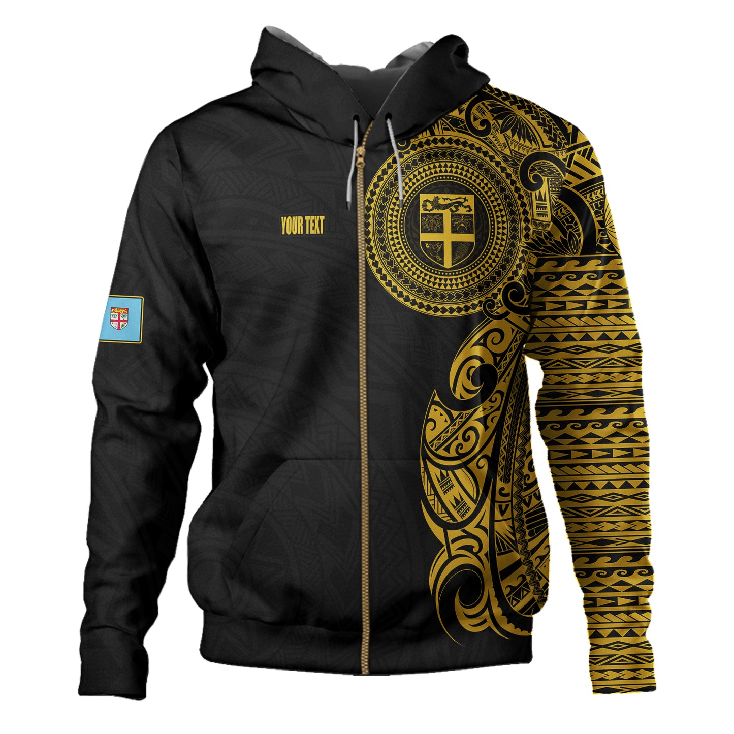 Fiji Hoodie Custom Polynesian Half Sleeve Gold Tattoo With Seal Black