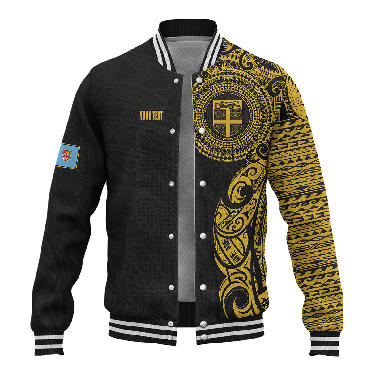 Fiji Baseball Jacket Custom Polynesian Half Sleeve Gold Tattoo With Seal Black