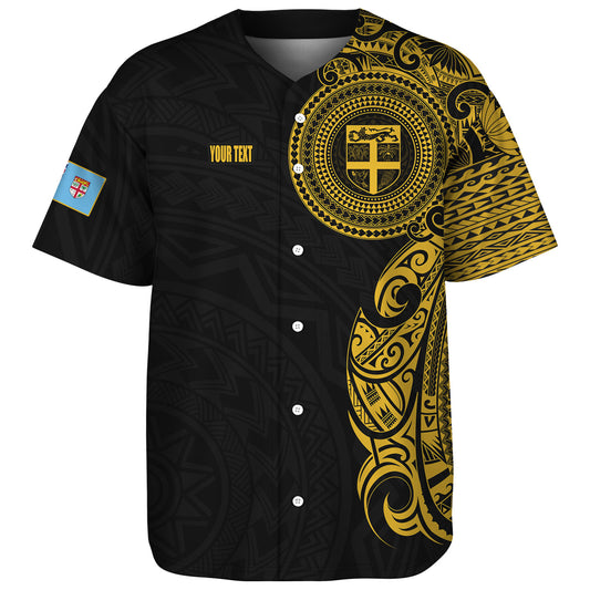 Fiji Baseball Shirt Custom Polynesian Half Sleeve Gold Tattoo With Seal Black