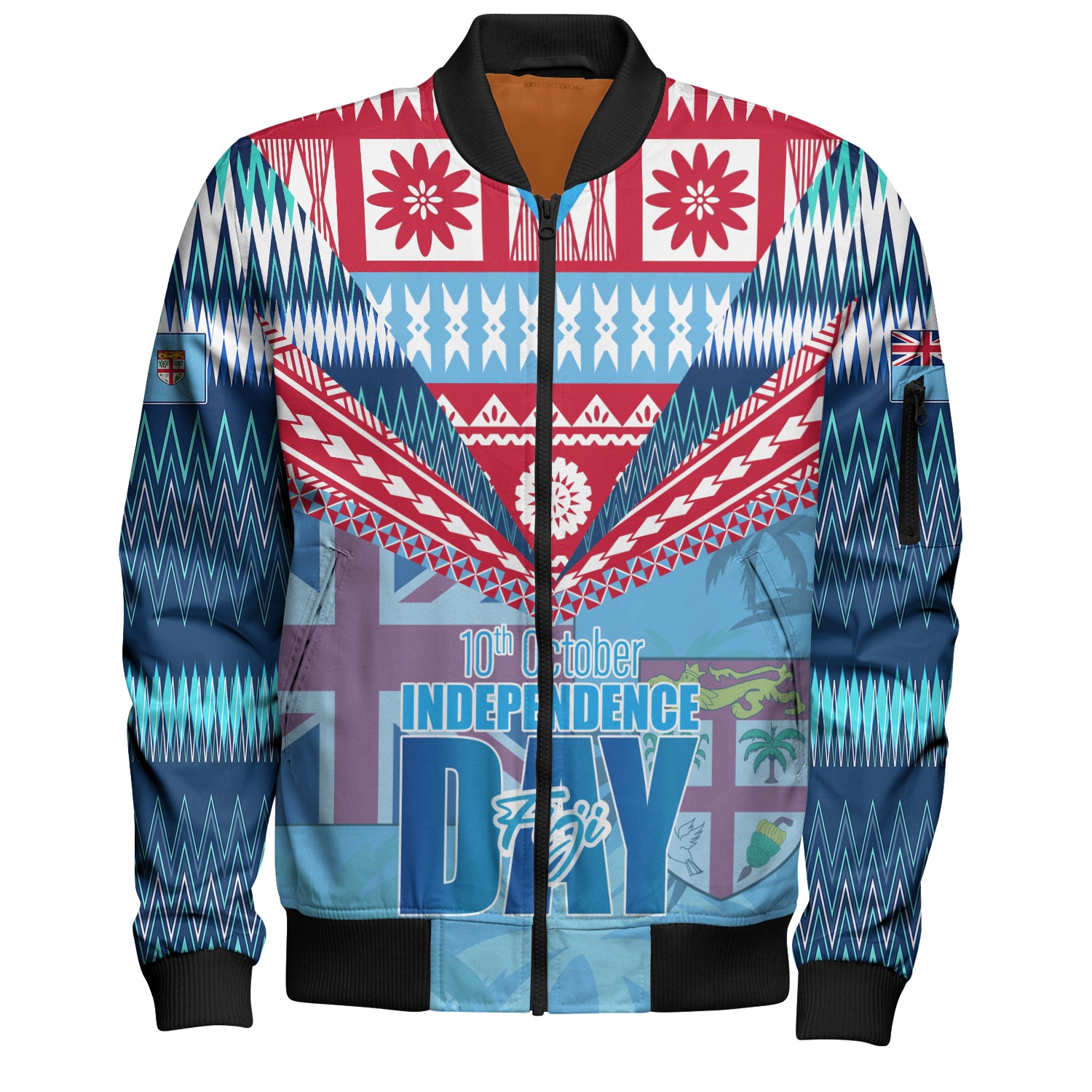 Fiji Bomber Jacket Happy Fiji independence Day Ethnic Masi Tribal Design