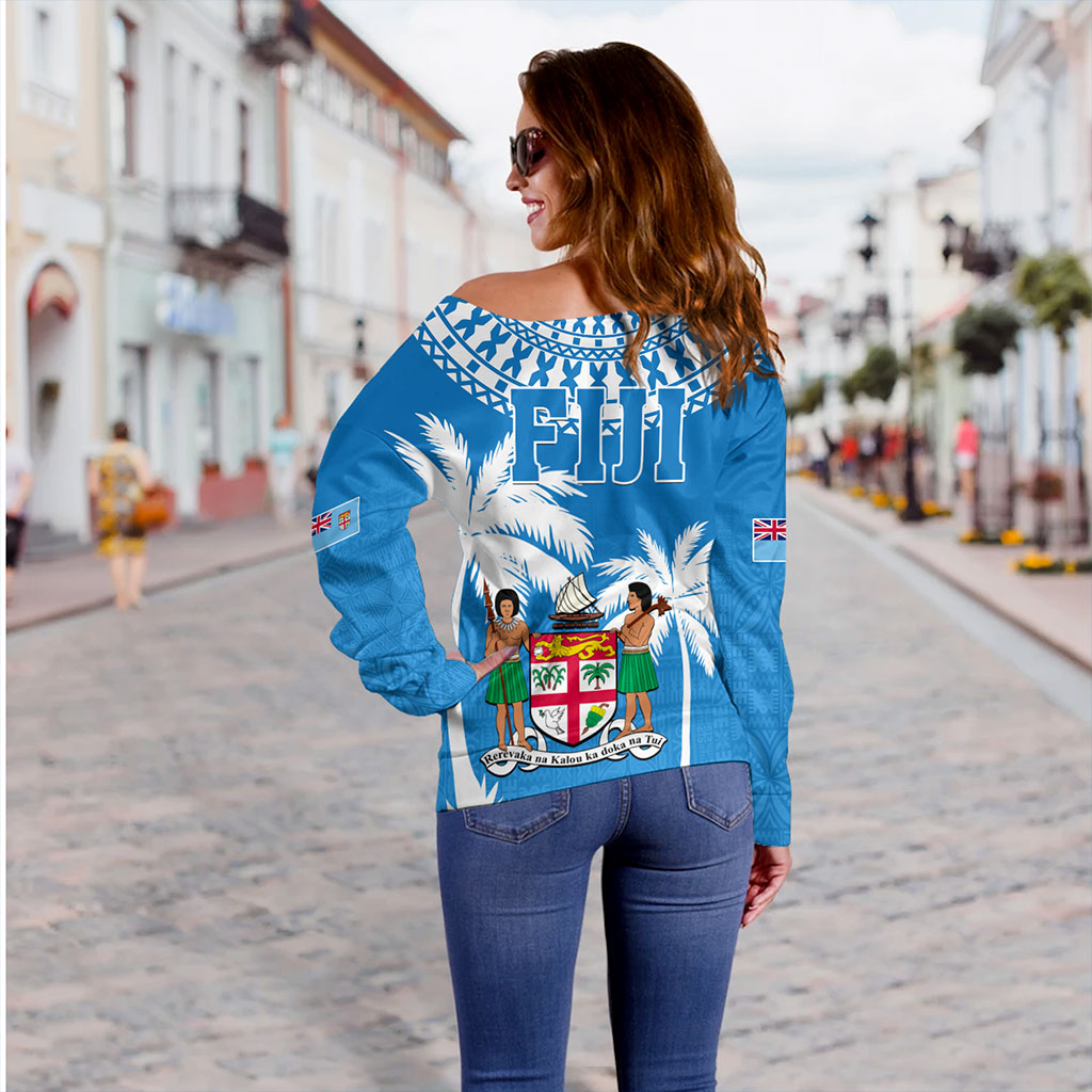 Fiji Off Shoulder Sweatshirt Coconut Tree Flag Coat Of Arms Style