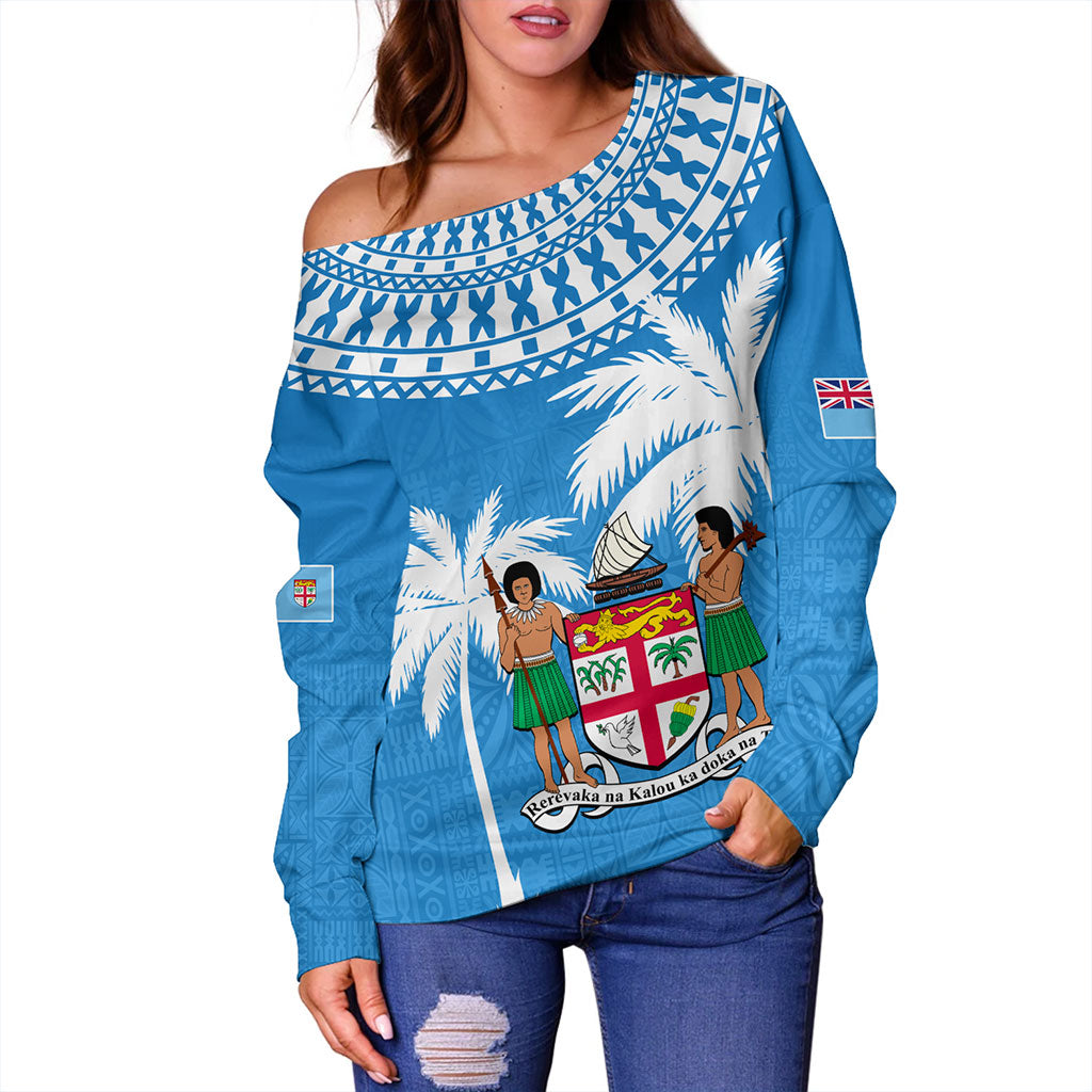 Fiji Off Shoulder Sweatshirt Coconut Tree Flag Coat Of Arms Style